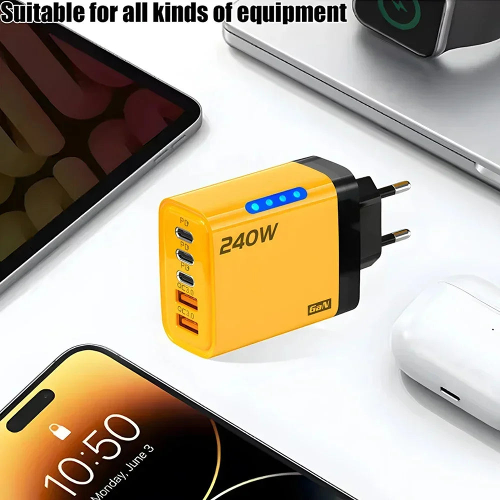 240W 5 Ports USB PD Charger Type C Quick Charge Phone Chargers USB Fast Charging Adapter For iPhone 16 Samsung Xiaomi Huawei